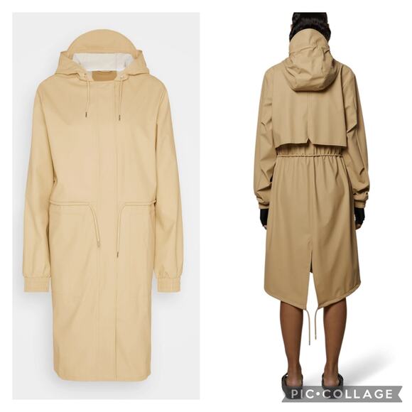 NWT RAINS Unisex Long Rain Jacket Hood Hooded String Parka Sand sz L - Picture 2 of 16